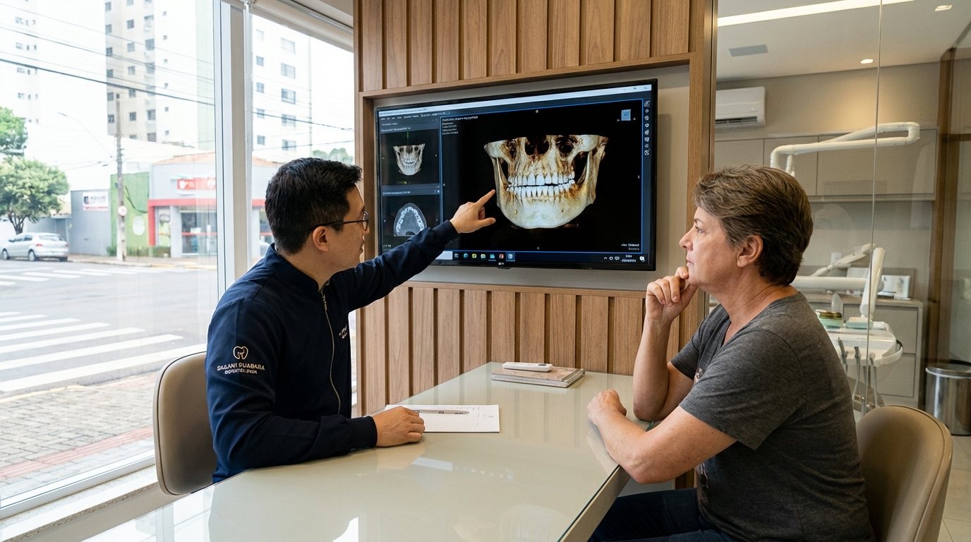 paciente em consulta de planejamento cirúrgico com Dr. Marcos Rikio Kuabara em Londrina, examinando tomografia