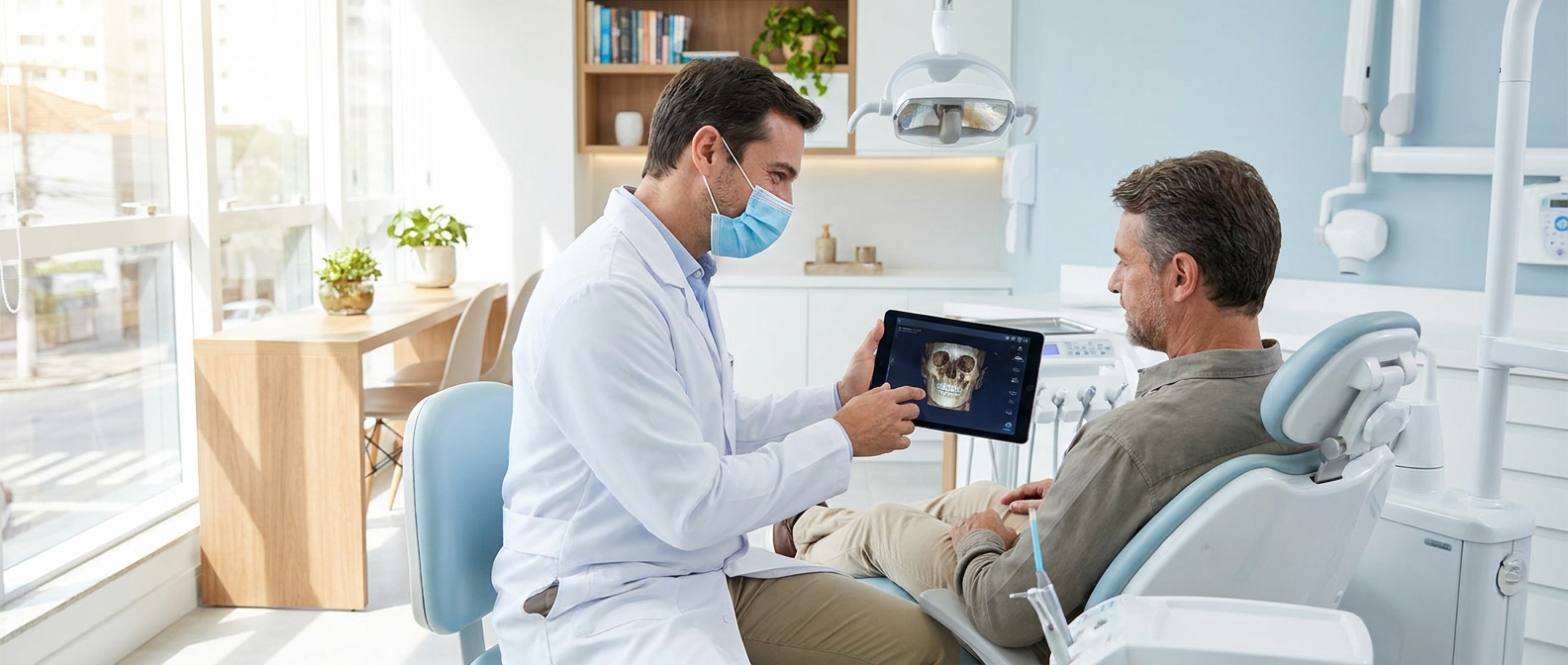 Cirurgião bucomaxilofacial em consulta com paciente em Londrina