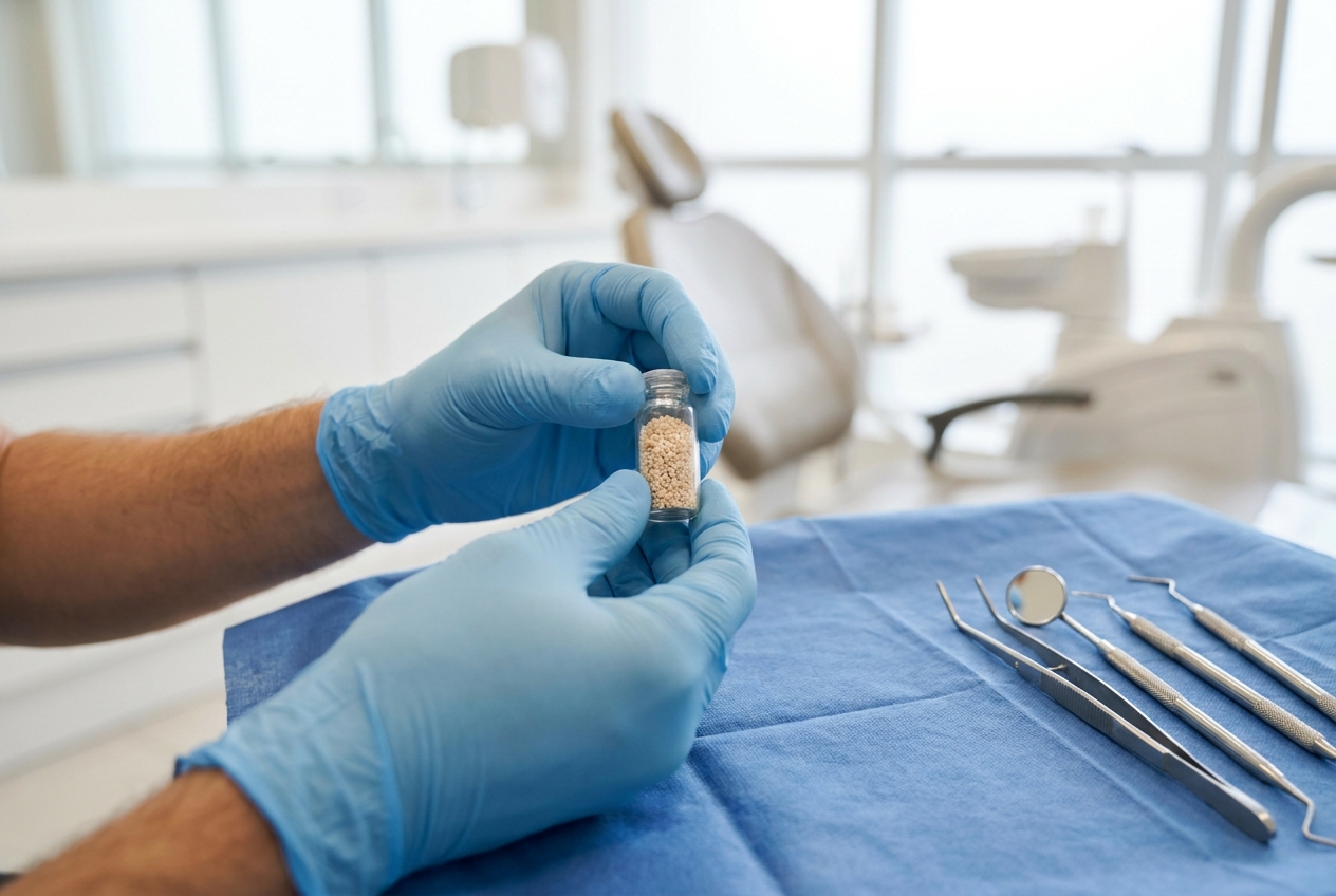 Material de enxerto ósseo dentário e instrumentos cirúrgicos