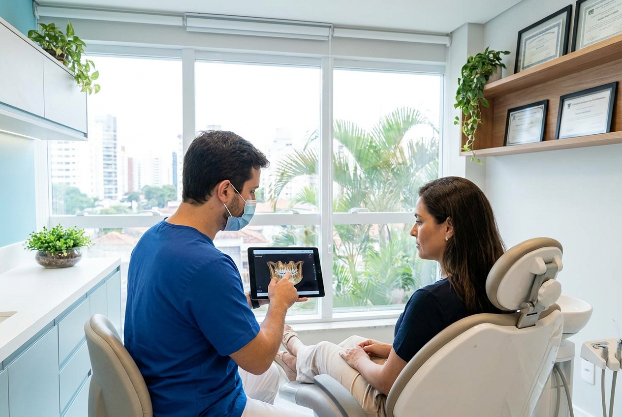 Cirurgião dentista apresentando tomografia ao paciente