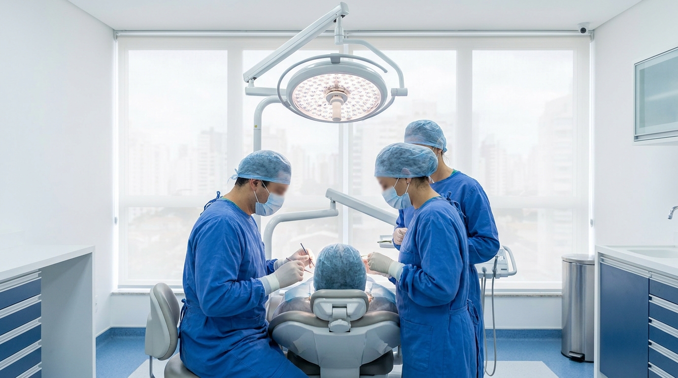 Equipe de cirurgia dentária realizando enxerto ósseo em Londrina