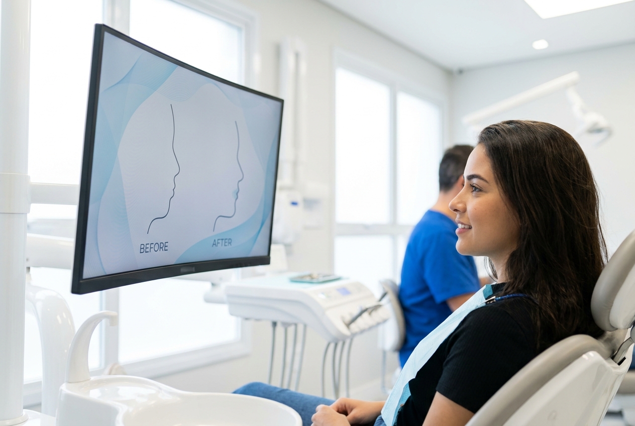 Paciente analisando simulação antes e depois da cirurgia ortognática