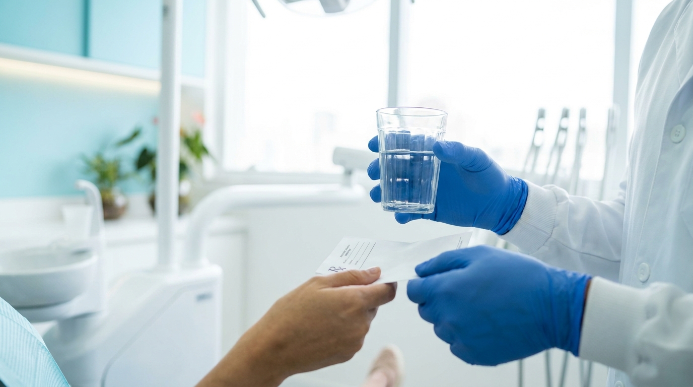 Dentista entregando orientações pós-operatórias ao paciente