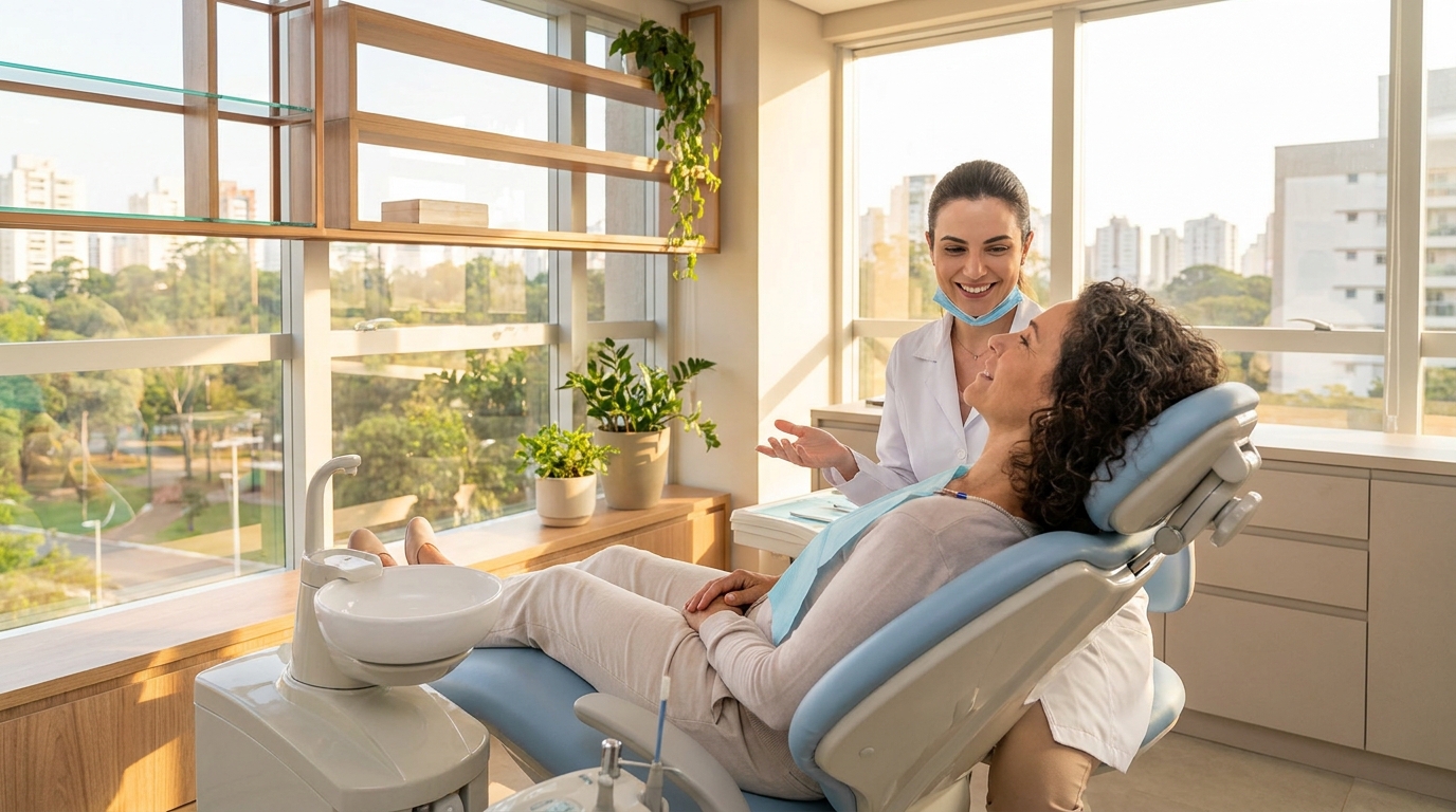 Paciente relaxado em cadeira odontológica moderna para implante