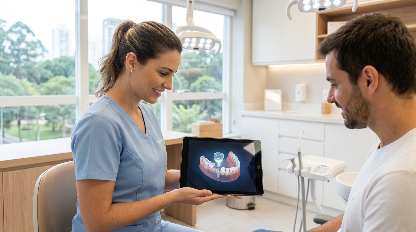 Dentista apresentando planejamento digital do implante ao paciente