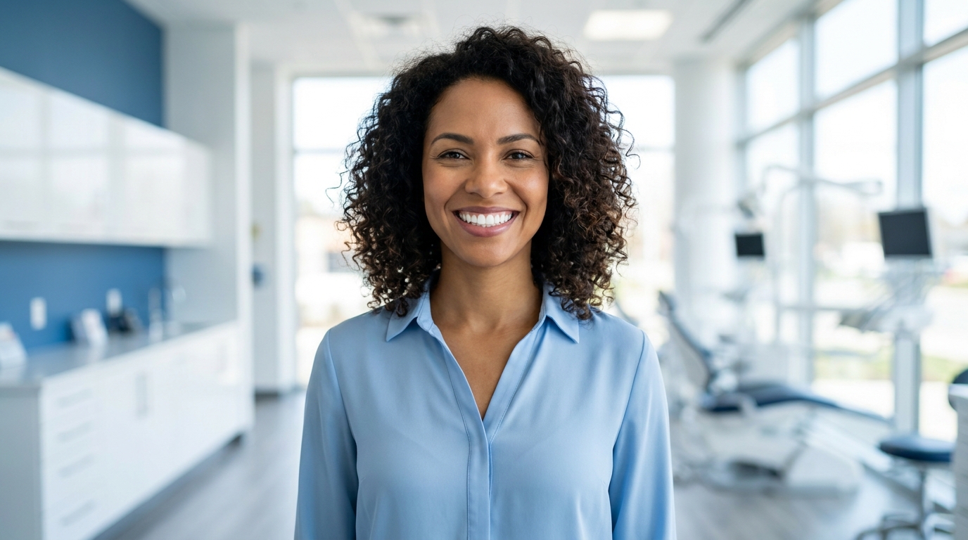 Mulher sorrindo após implante dentário em Londrina