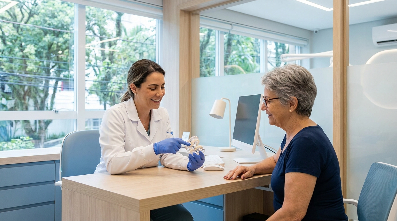 Dentista mostrando modelo de protocolo dentário ao paciente
