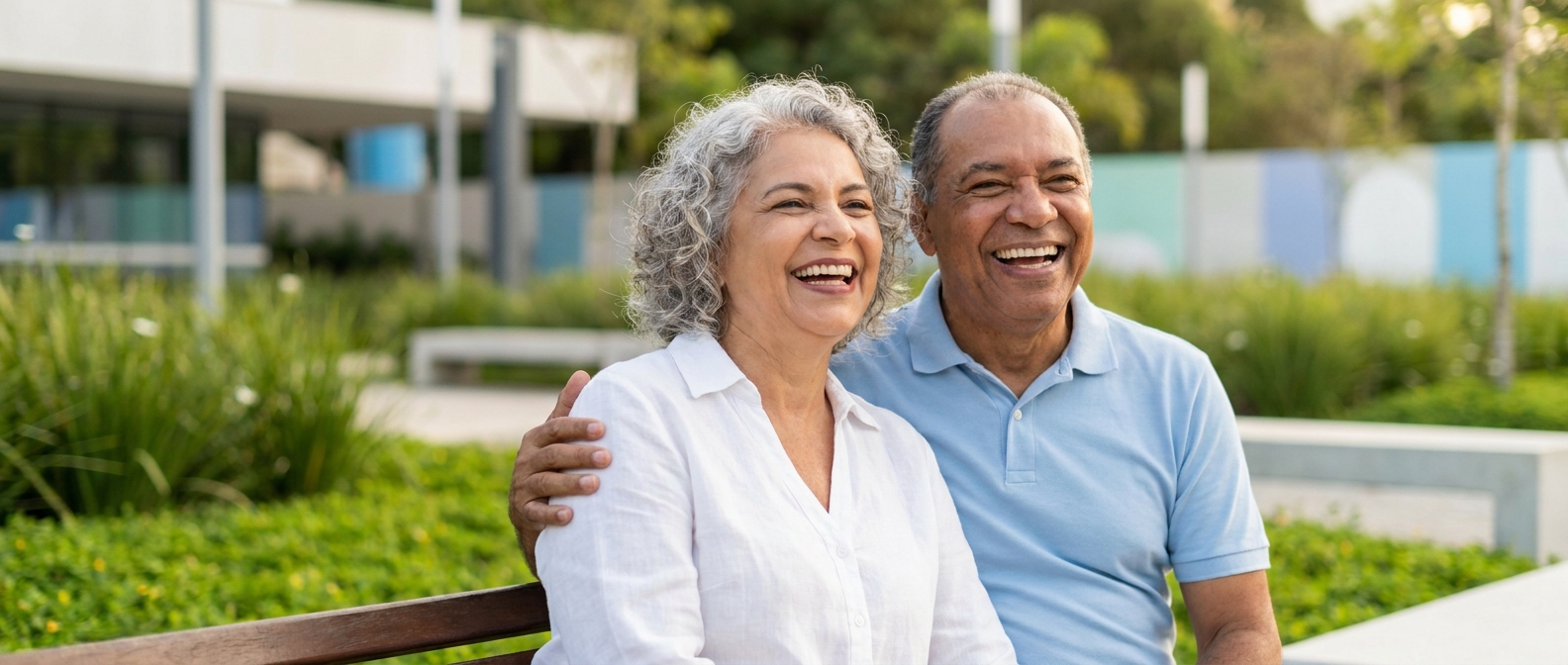 Casal sorrindo com protocolo de implantes dentários