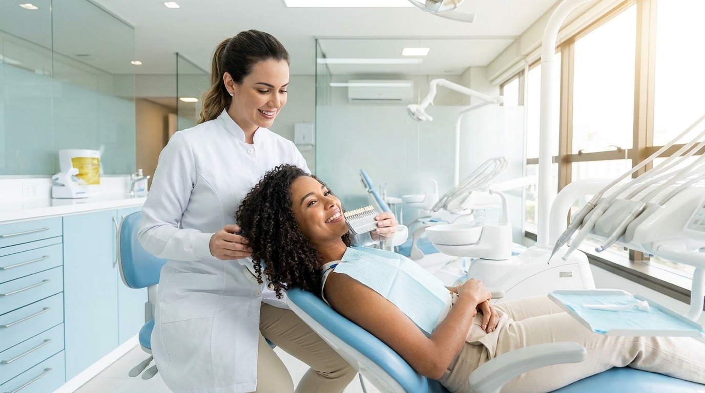 Dentista selecionando cor das lentes de contato dental