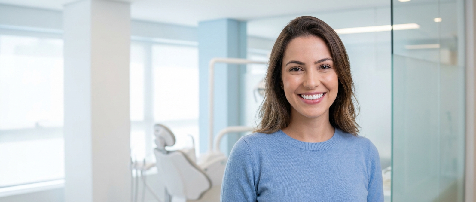 Mulher com sorriso perfeito após lentes de contato dental