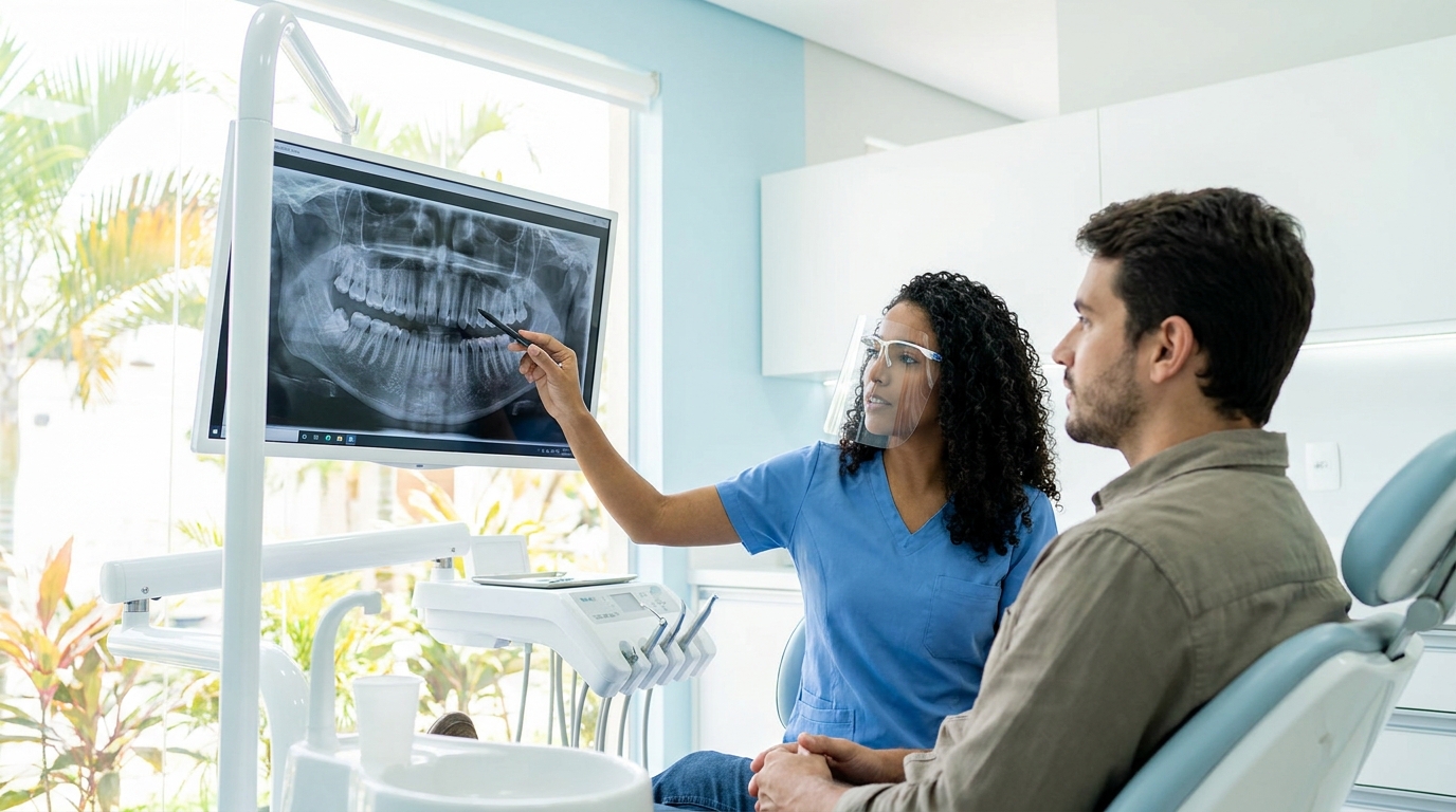 Dentista apontando para tomografia dental com paciente