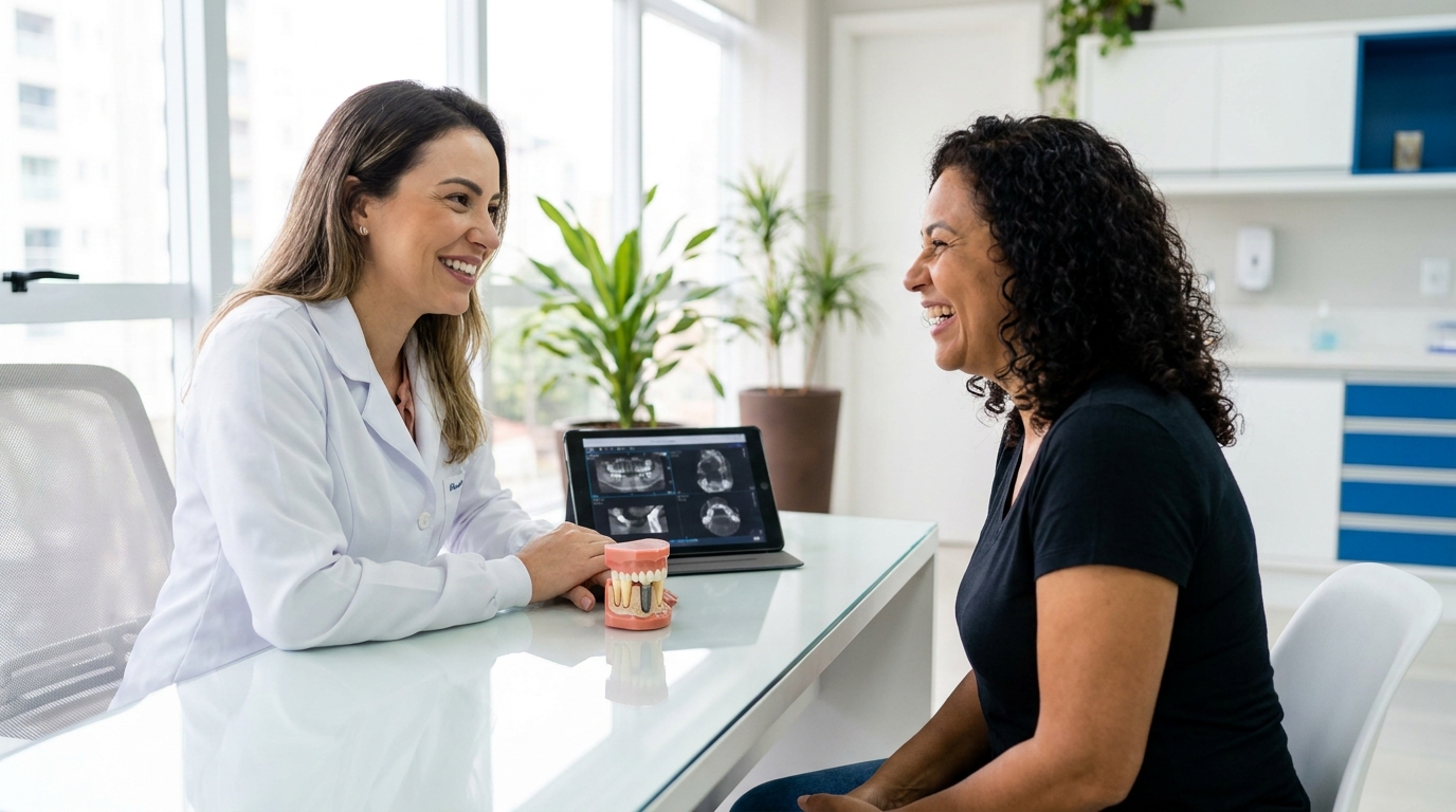 Dentista explicando valor do implante dentário ao paciente