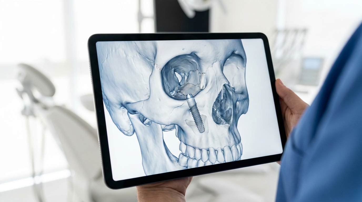 Ilustração 3D médica de implante zigomático no osso da face