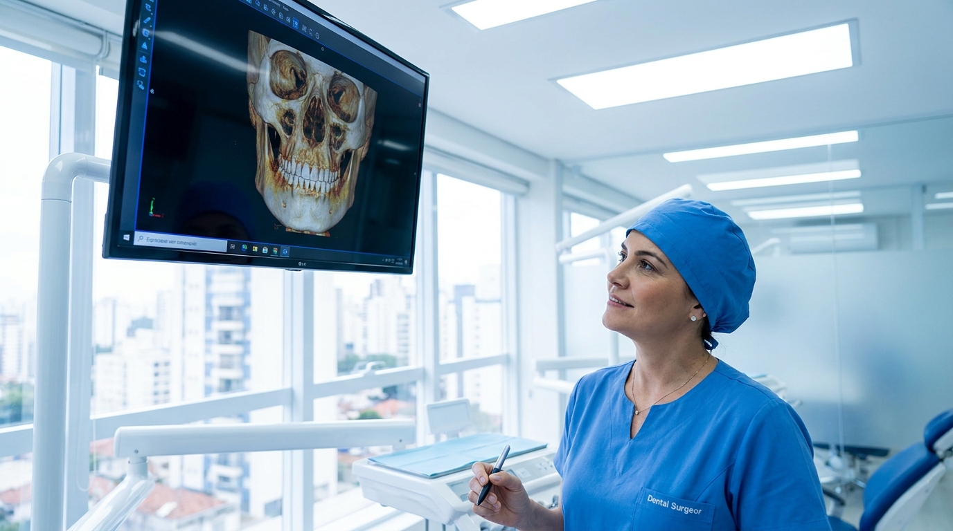 Cirurgião analisando tomografia 3D para planejamento zigomático