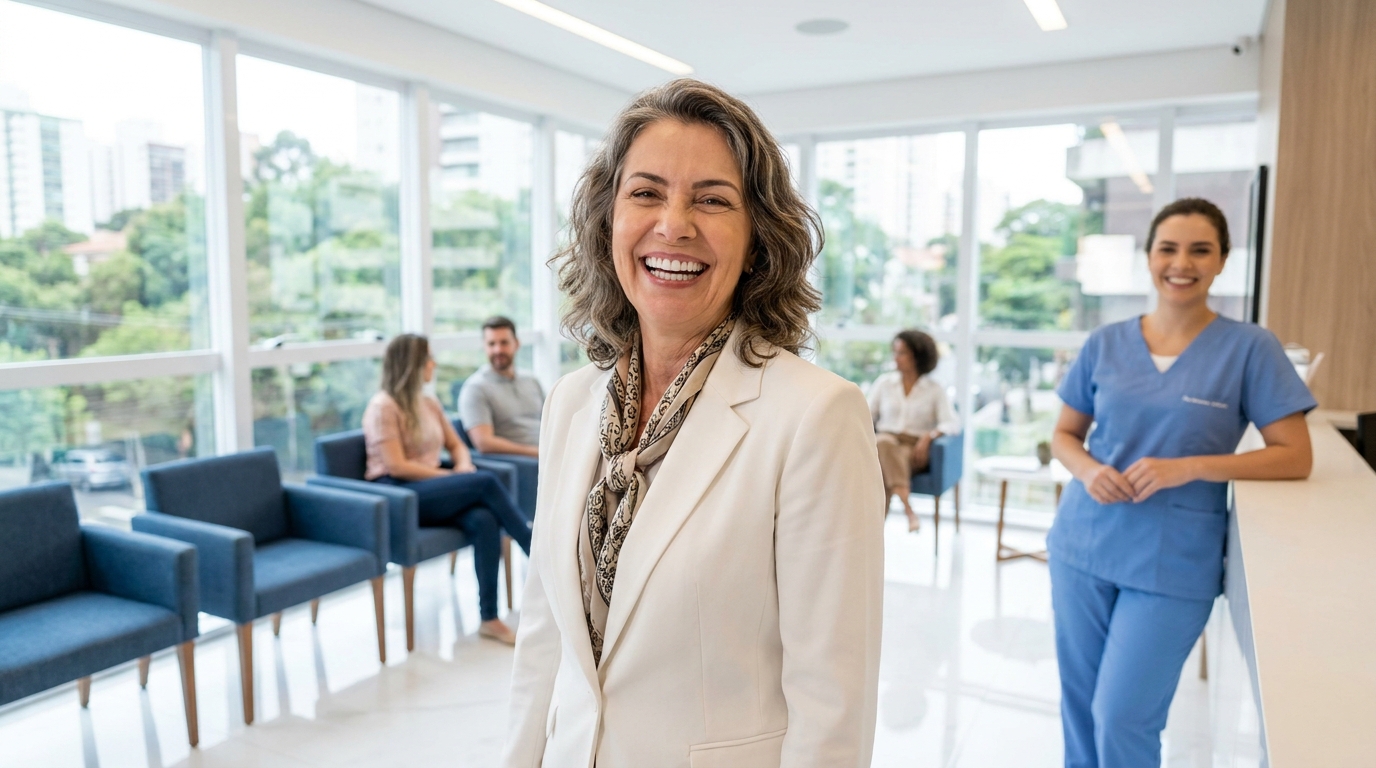 Mulher com sorriso renovado após reabilitação oral completa